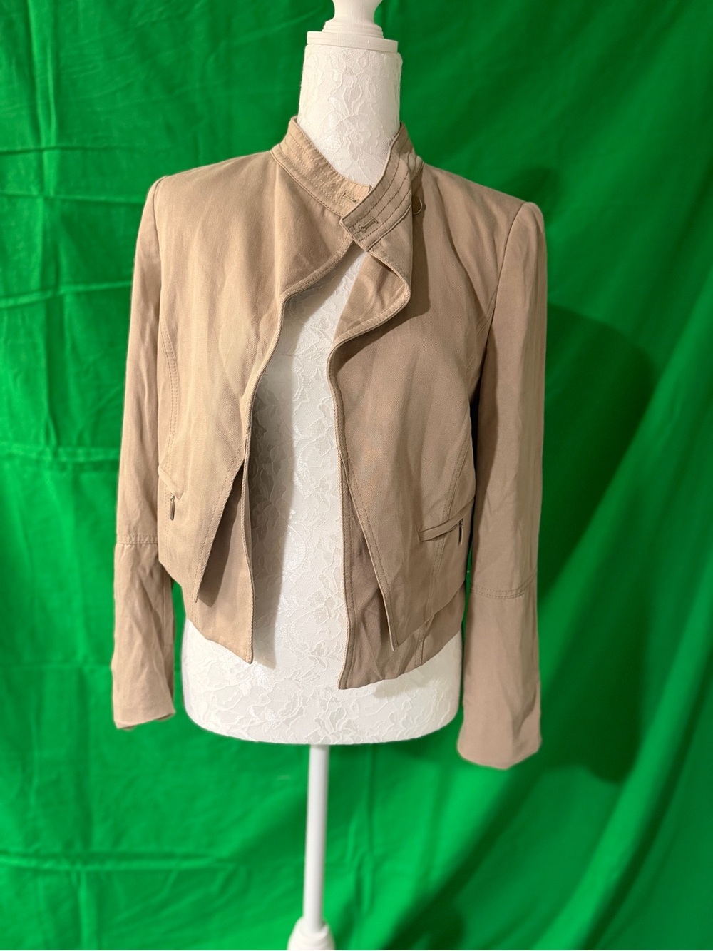 White House Black Market Taupe Cropped Moto-Style Leather Jacket